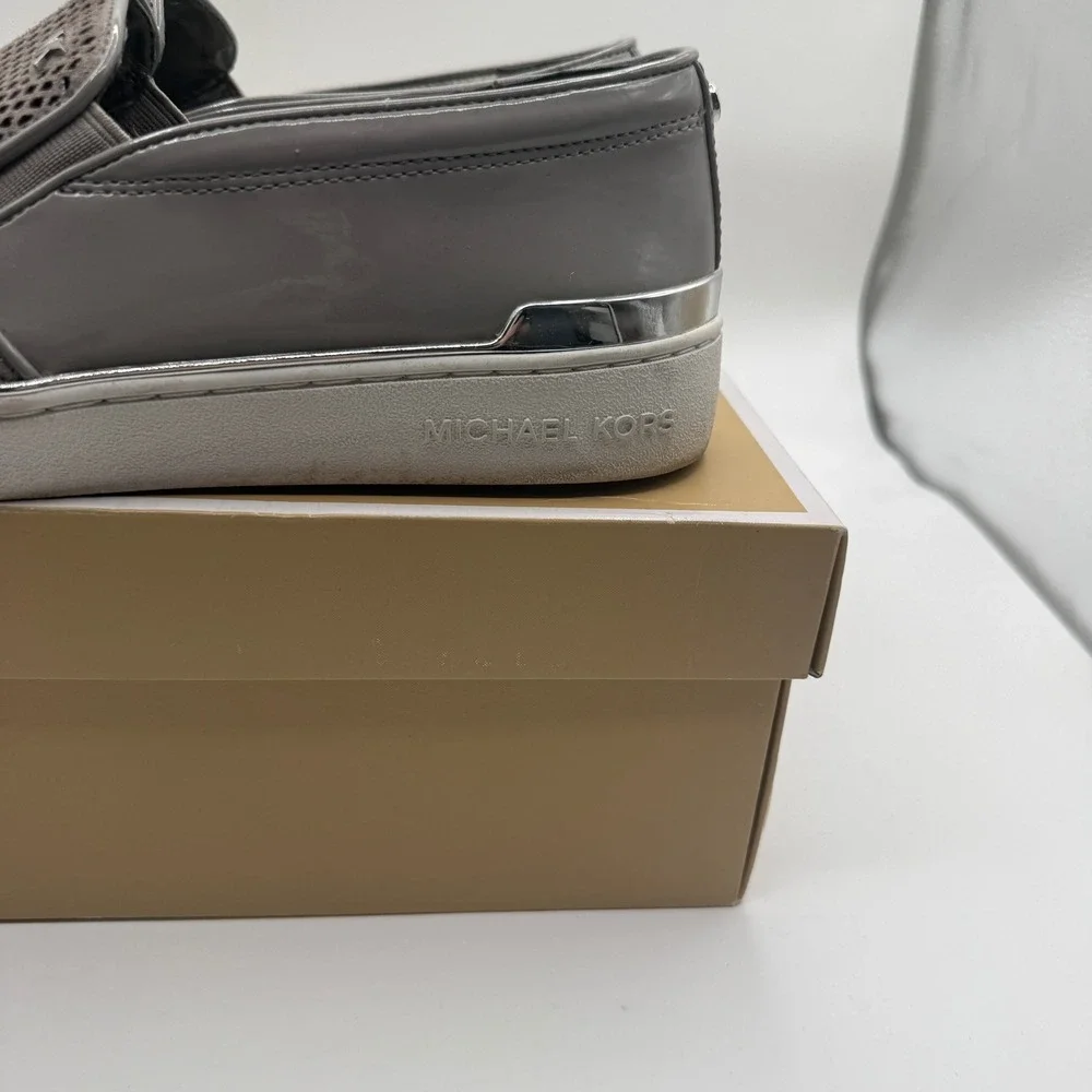 Michael Kors Slip On Sneakers Women 11 Taupe Gray Perforated Patent Leather Flat
